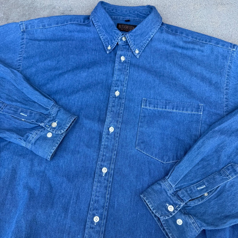 Butterfield Stage Men XL Blue Denim Button Down Shirt Long Sleeve Workwear